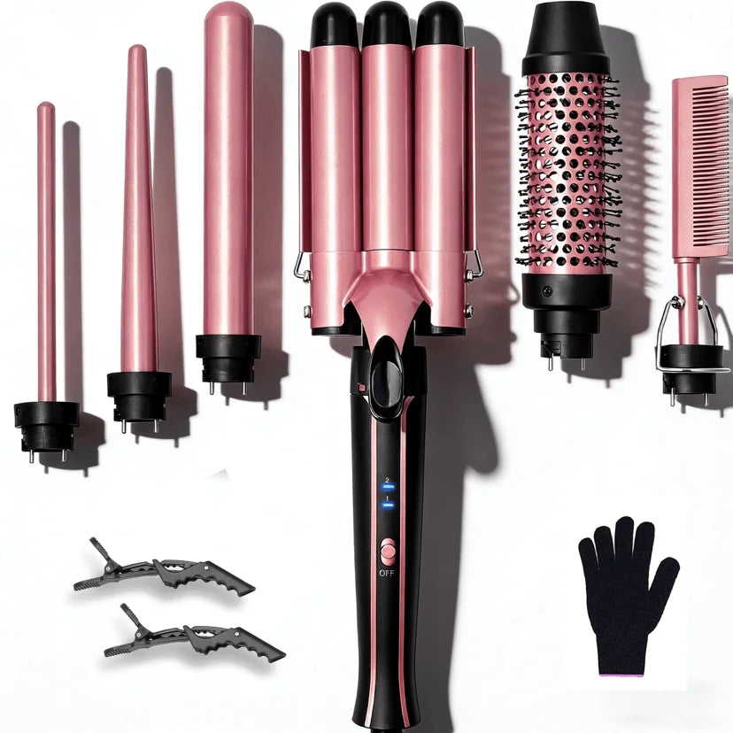 Curling Iron Set 5-in-1 Hair Curler with 3 Barrel Hair Crimper, Hair Straightener - Waver Heating Styling Tools for Women