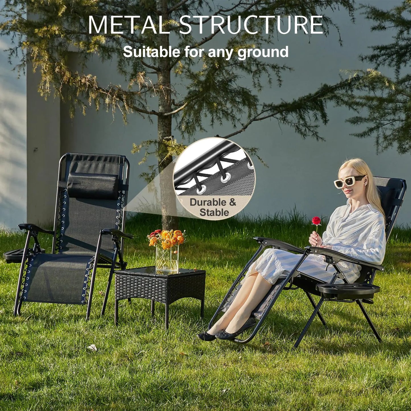 Zero Gravity Set of 2 Portable Recliner Camping, Patio, Garden Lounge Chair, with Cup Holder Trays
