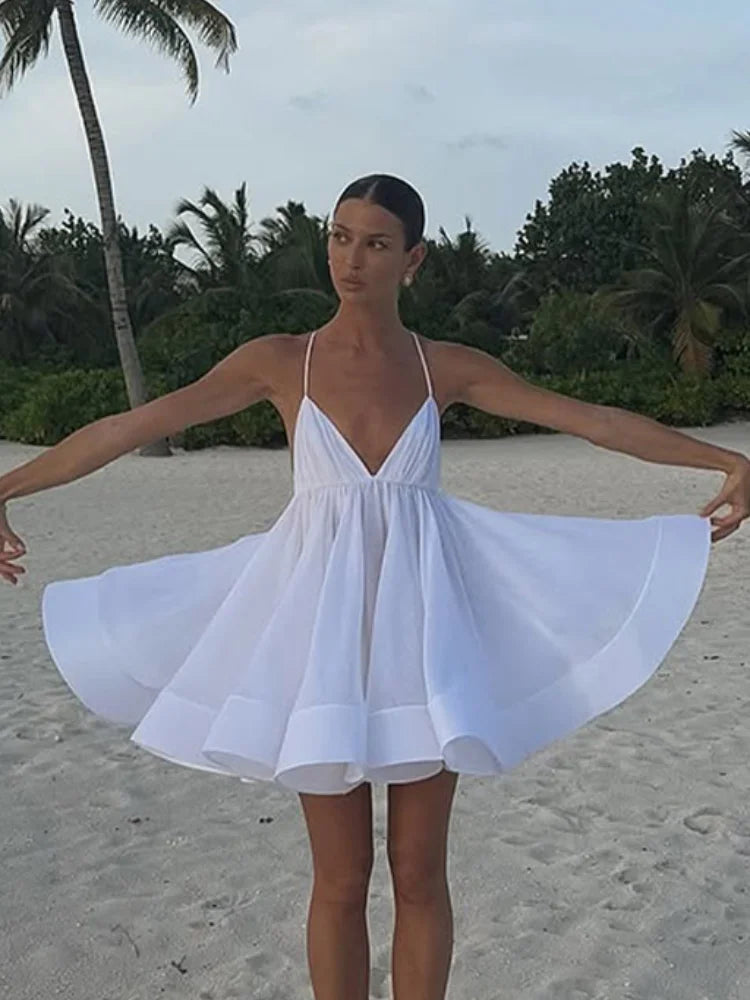 Sexy Flare Sleeve V Neck Printed Mini Dress Fashion Pleated A-line High Waist Gown New Lady Summer Evening Party Club Vestidos