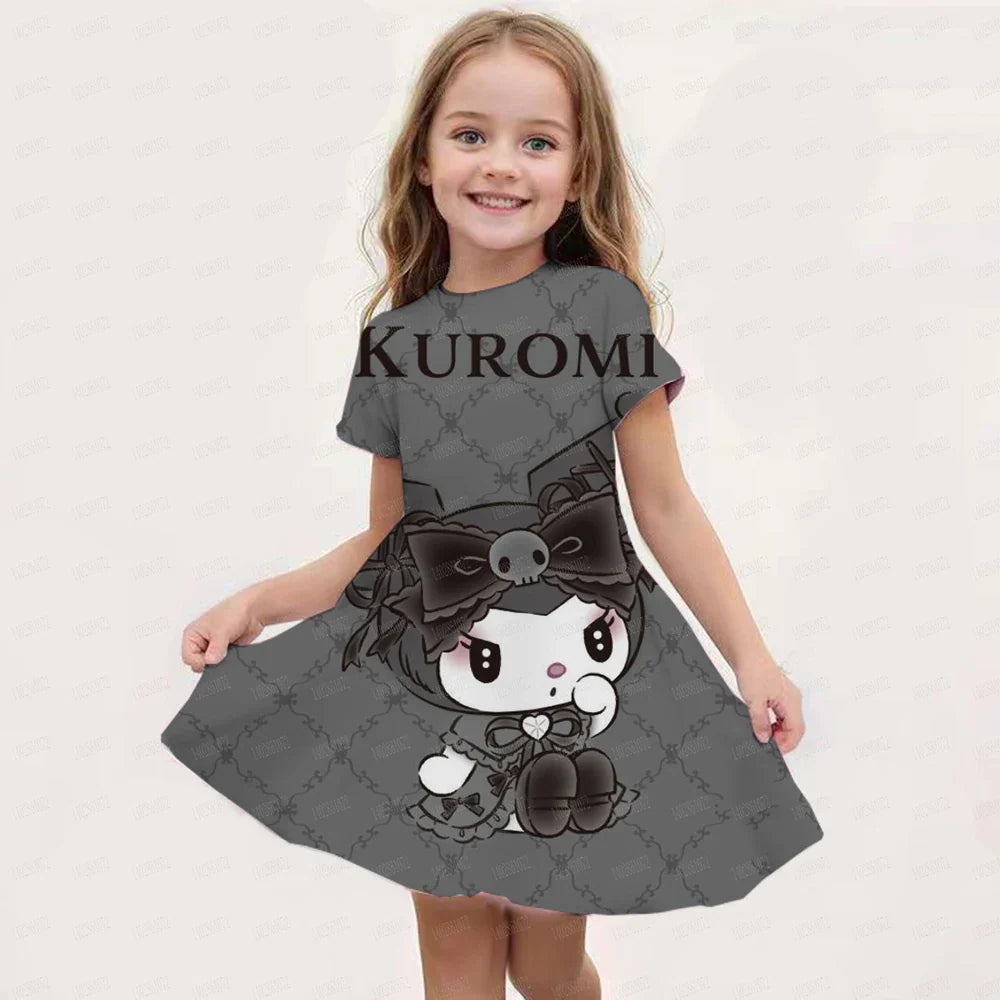 Kids Girls Clothes Kawaii Cartoon 3D Kuromi Printed Adults Party Popular Dresses Summer Short Sleeve Parent-child Clothing Dress