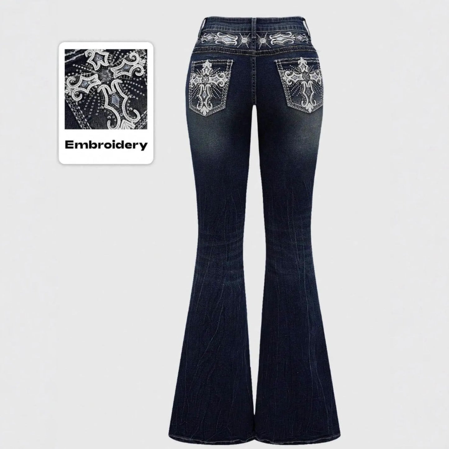 2026Trendy Y2K Style Flare Jeans for Women Dark Wash Skinny Fit with Rhinestone Embroidery Pocket Streetwear Casual Denim
