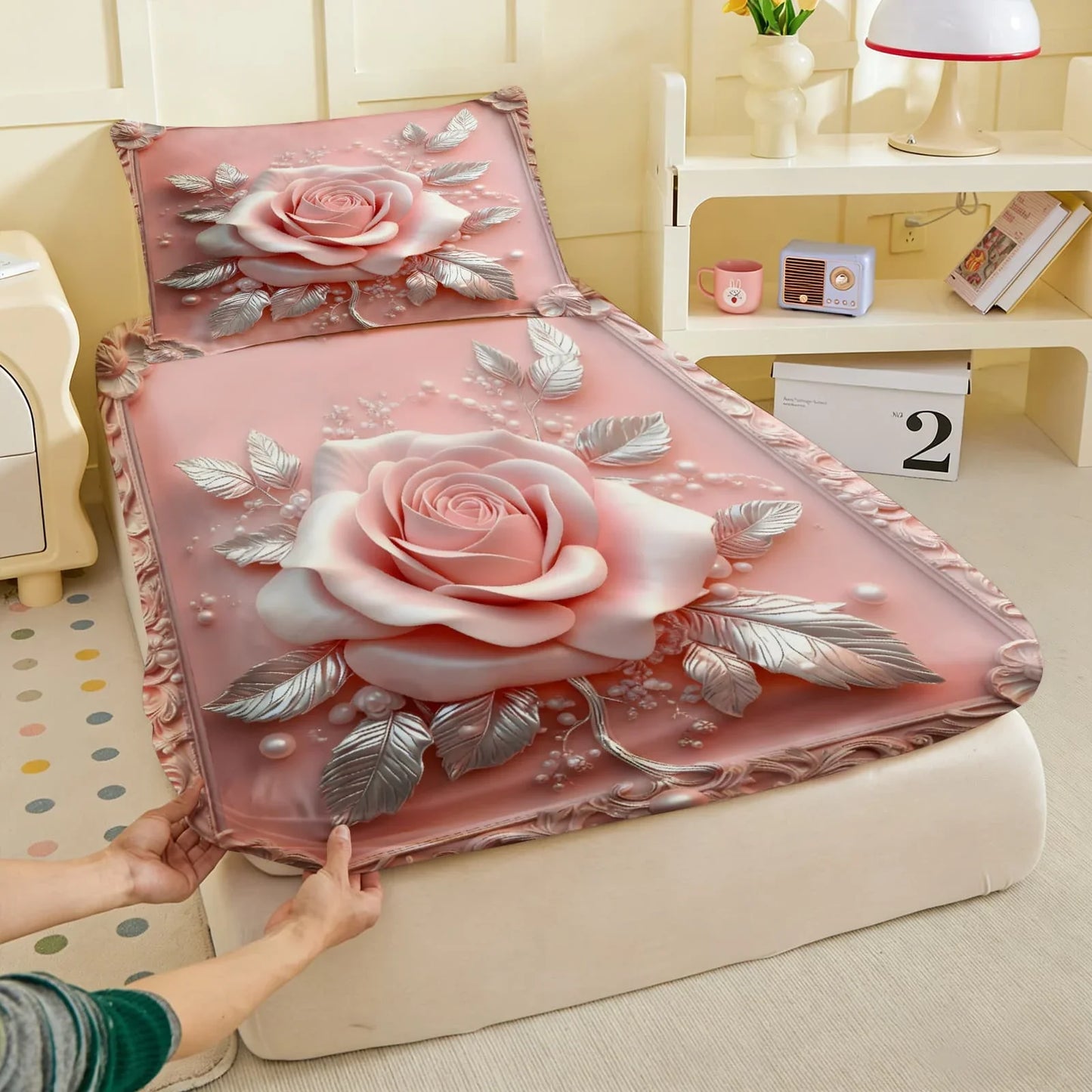 1pc 3D Embossed Pink Rose Print Fitted Sheet Deep Pocket Elastic Mattress Cover Single Double Queen King Bedroom Decor