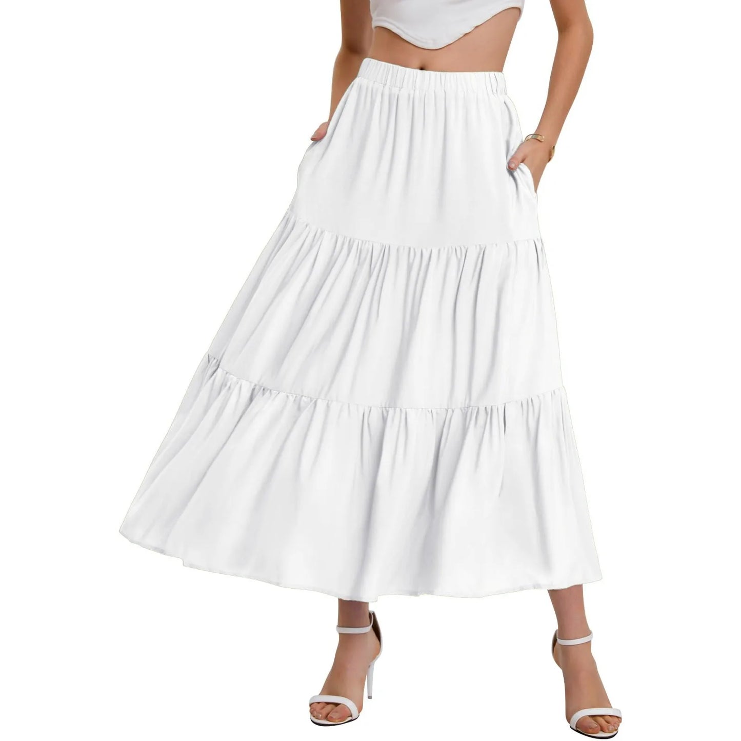 Skirts For Women Summer Bohemian Swing Beach Skirt High Waist A Line Flowy Skirts Pleated Layered Ruffle Hem Flowy A Line Skirt
