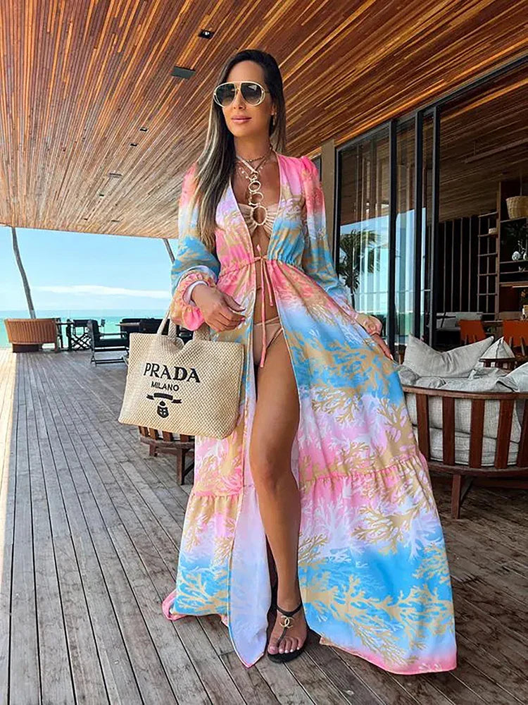 2024 Women Swimsuit Cover Up Sleeve Kaftan Beach Tunic Dress Robe De Plage Solid White Cotton Pareo  High Collar Beachwear