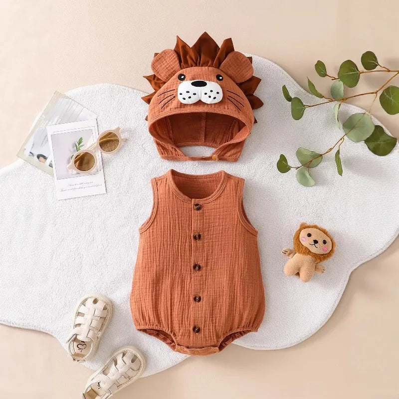 Newborn Baby Romper Knitted Hooded Lion Bodysuit Sleeveless Infant Jumpsuit Toddler Onesie Unisex Summer Outfit Button Playsuit