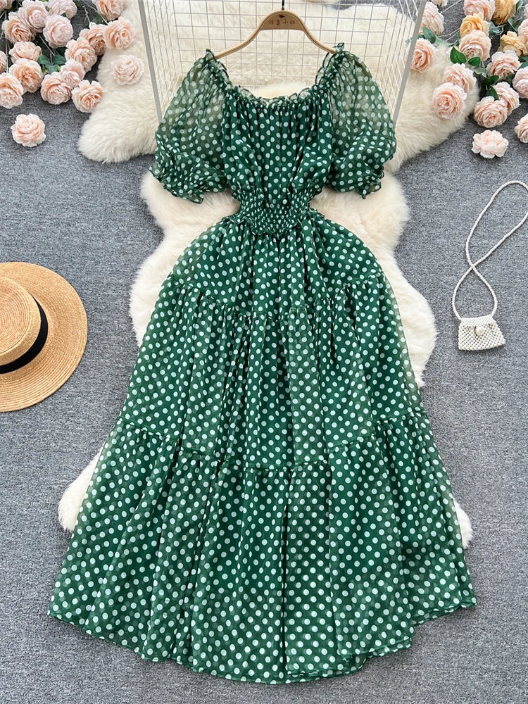 Summer Women Red/Green/White Polka Dot Chiffon Long Dress Beach Vacation Sexy Short Puff Sleeve High Waist A-Line Party Robe New
