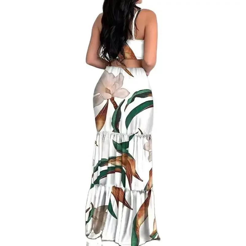 Women's Summer New Elegant Print Fashion Floral Sexy Backless Boho Maxi Ruffle Hollow Out Long Slim Beach Suspender Sheath Dress