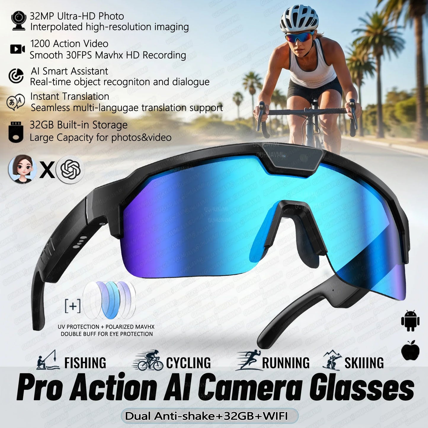 2026 New AI Smart Sports shooting&recording Glasses 800W Camera HD Anti-shake Bicycle Riding Shooting Artifact Windproof Goggles