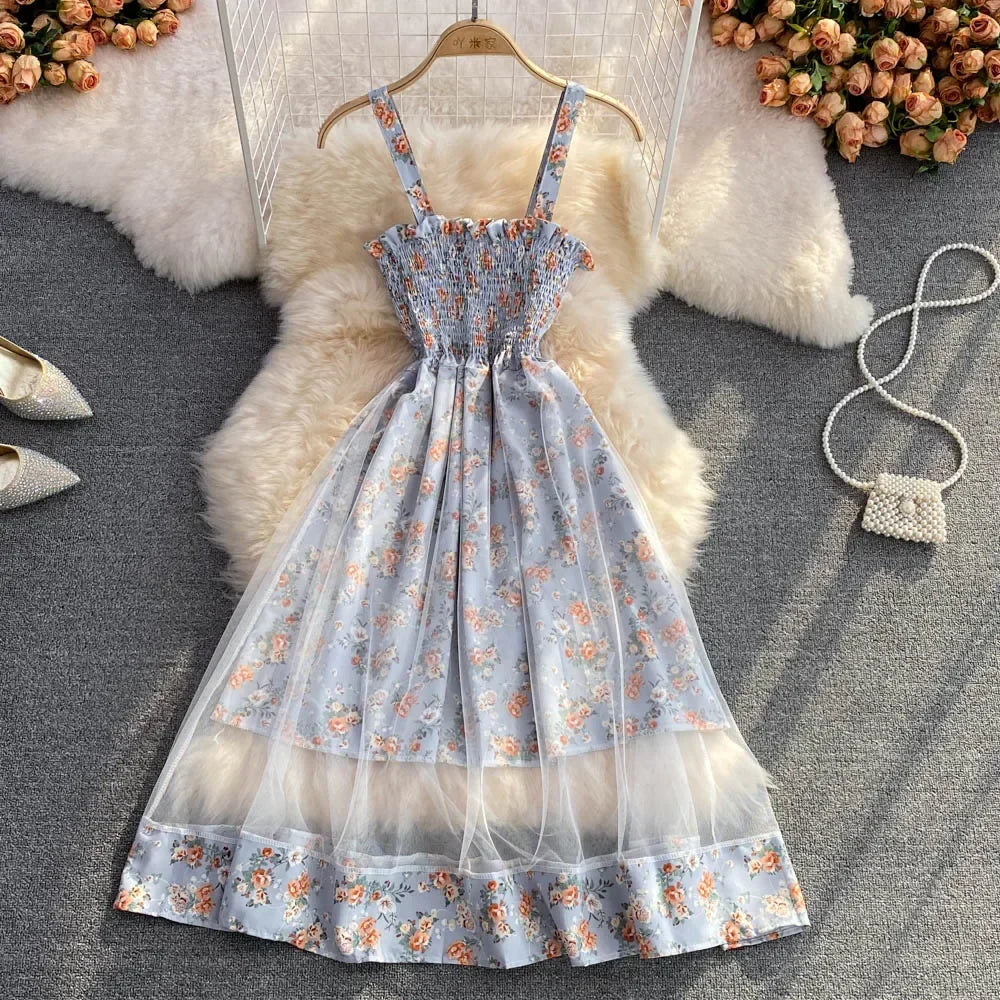 litmage Summer Women's Dress French Retro Square Neck Print Suspender Dress New Waist Lace Feamle Short Dresses HH293