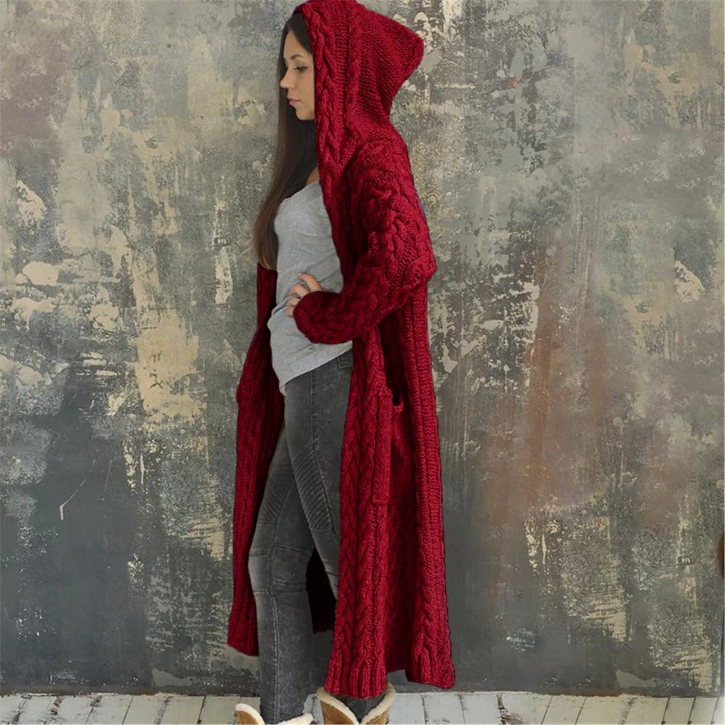 Long Sleeve Loose Cardigan Coat Solid Solid Sweater Winter Long Knitted Pocket Loose Women Cardigan Hooded Limited Sweater Women