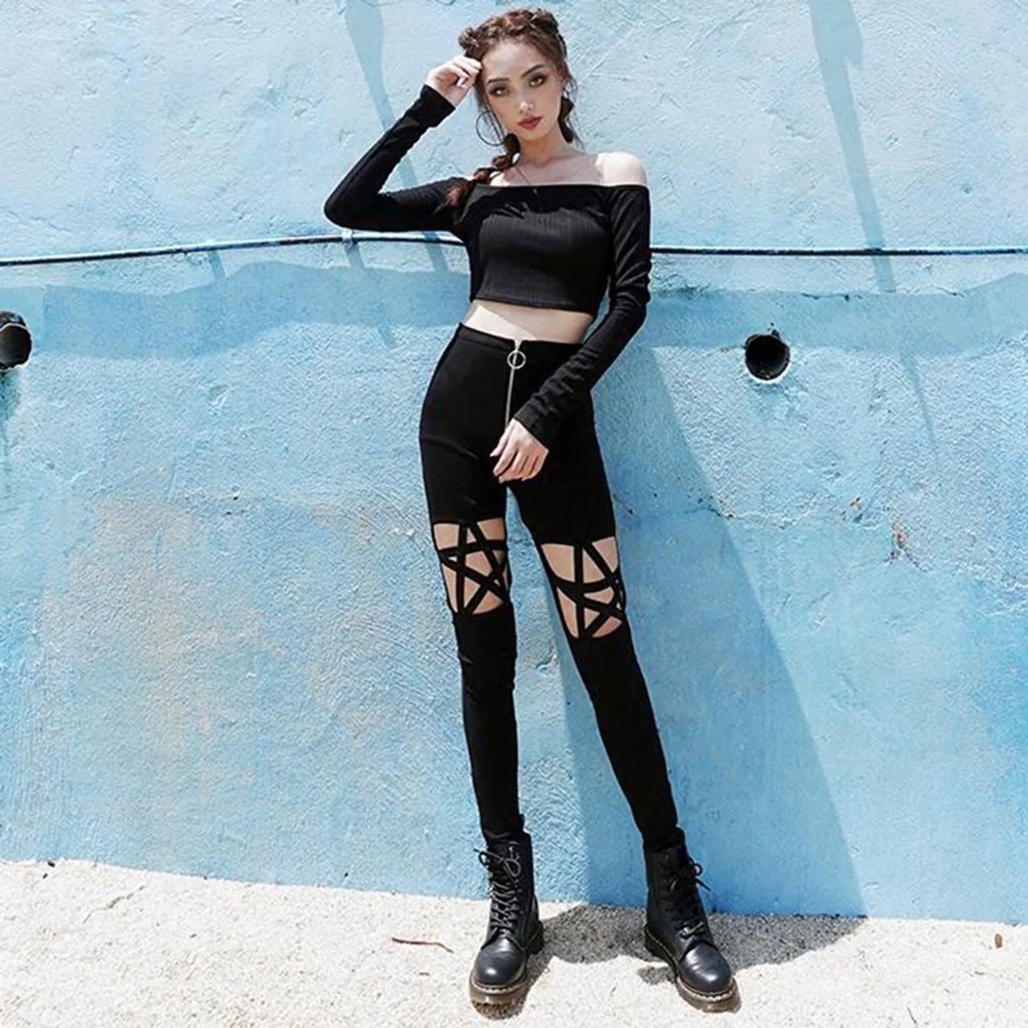 Spring Summer Women Gothic Punk Pants Female Sexy Elastic Stretch Zipper Hollow Out Skinny Pencil Pant Women Tight Trouser 2024