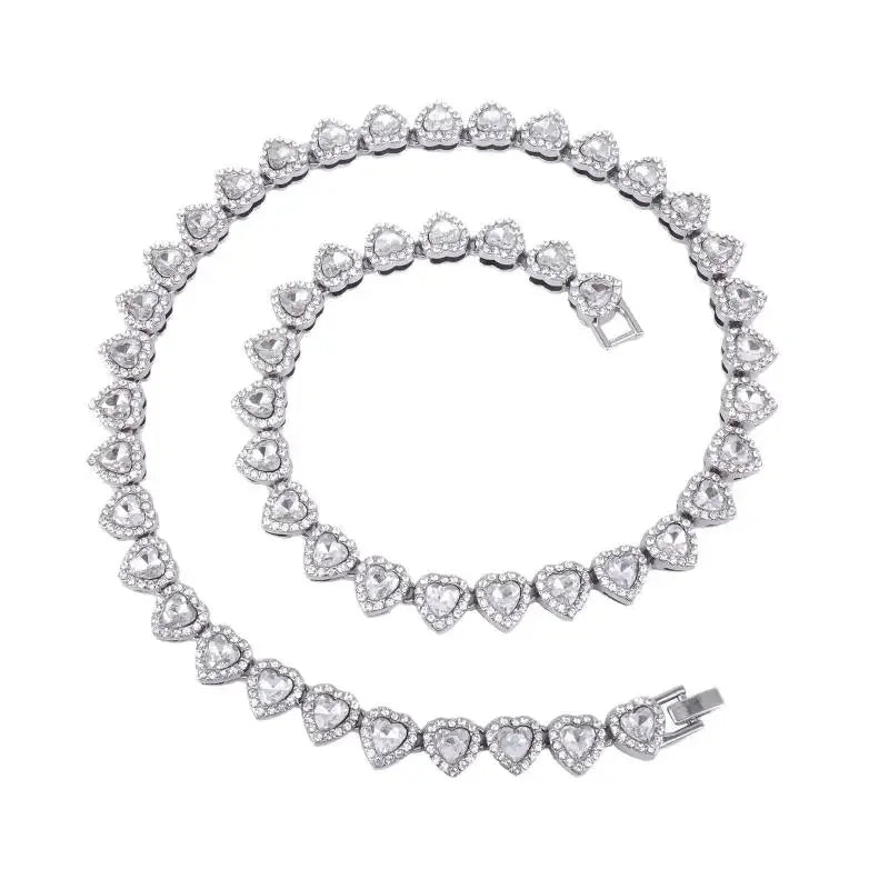 45CM New Hip Hop Tennis Chain Bracelet Necklace Shiny Heart Rhinestone