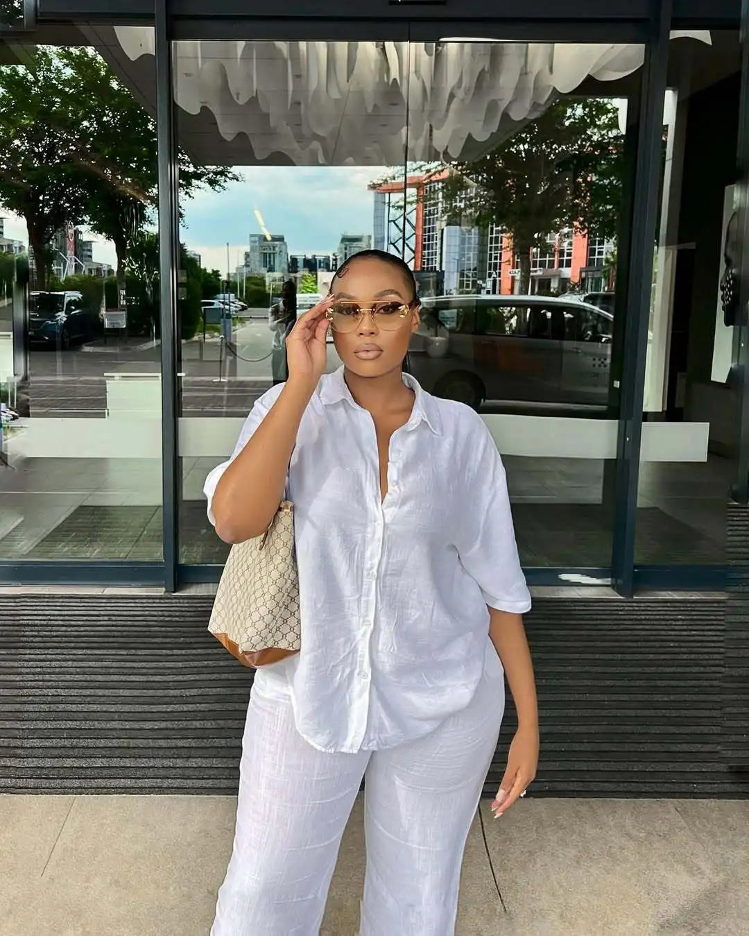 Women Casual Two Piece Pant Set Short Sleeve Turn Down Collar Shirts Top and High Waist Loose Wide Leg Pant Matching Set 2025
