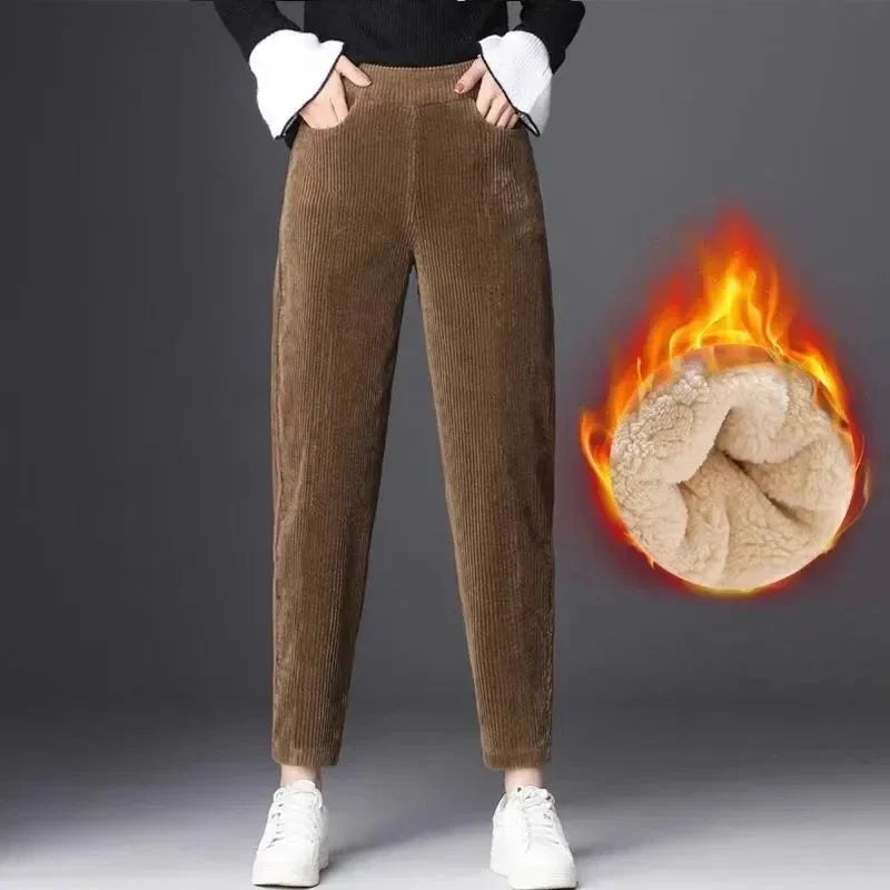 Women Corduroy Warm Pants Thick Plush Casual  Trousers.