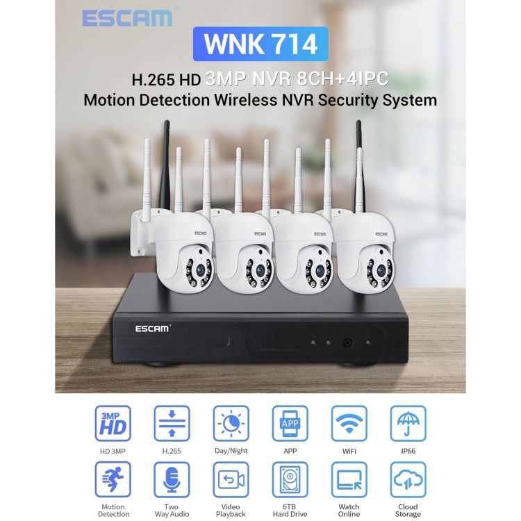 ESCAM WNK714 3.0 Million Pixels 4-channel HD Dome Camera NVR Wireless Monitoring Kit, UK Plug