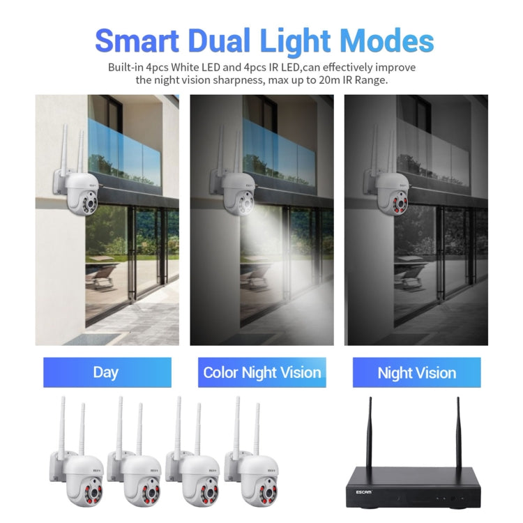 ESCAM WNK714 3.0 Million Pixels 4-channel HD Dome Camera NVR Wireless Monitoring Kit, UK Plug