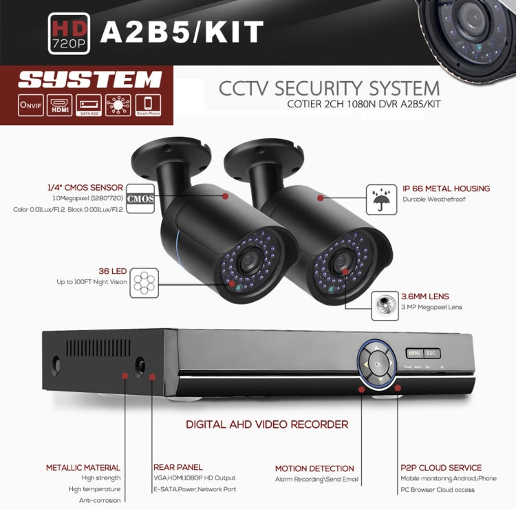 A4B5 4 Channel 720P 1.0 Mega Pixel 4 x Bullet AHD Cameras AHD DVR Kit, Support Night Vision / Motion Detection, IR Distance: 20m(Black)