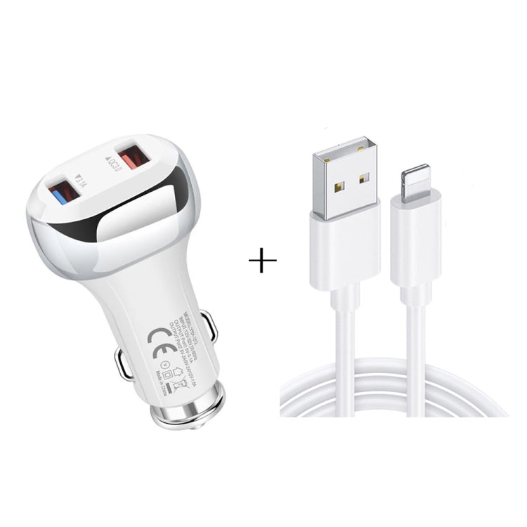 YSY-312 2 in 1 18W Portable QC3.0 Dual USB Car Charger + 1m 3A USB to 8 Pin Data Cable Set, with 8 Pin Cable