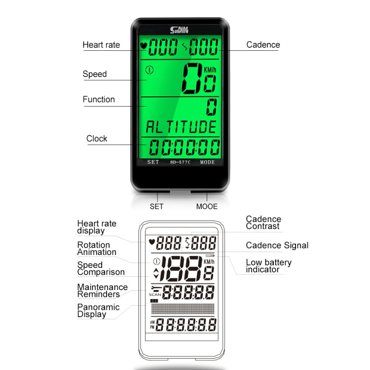 SUNDING SD-577C  Cycling Computer LCD Backlight Waterproof Wireless Stopwatch MTB Bike Odometer Stopwatch Bicycle Speedometer, SD-577C