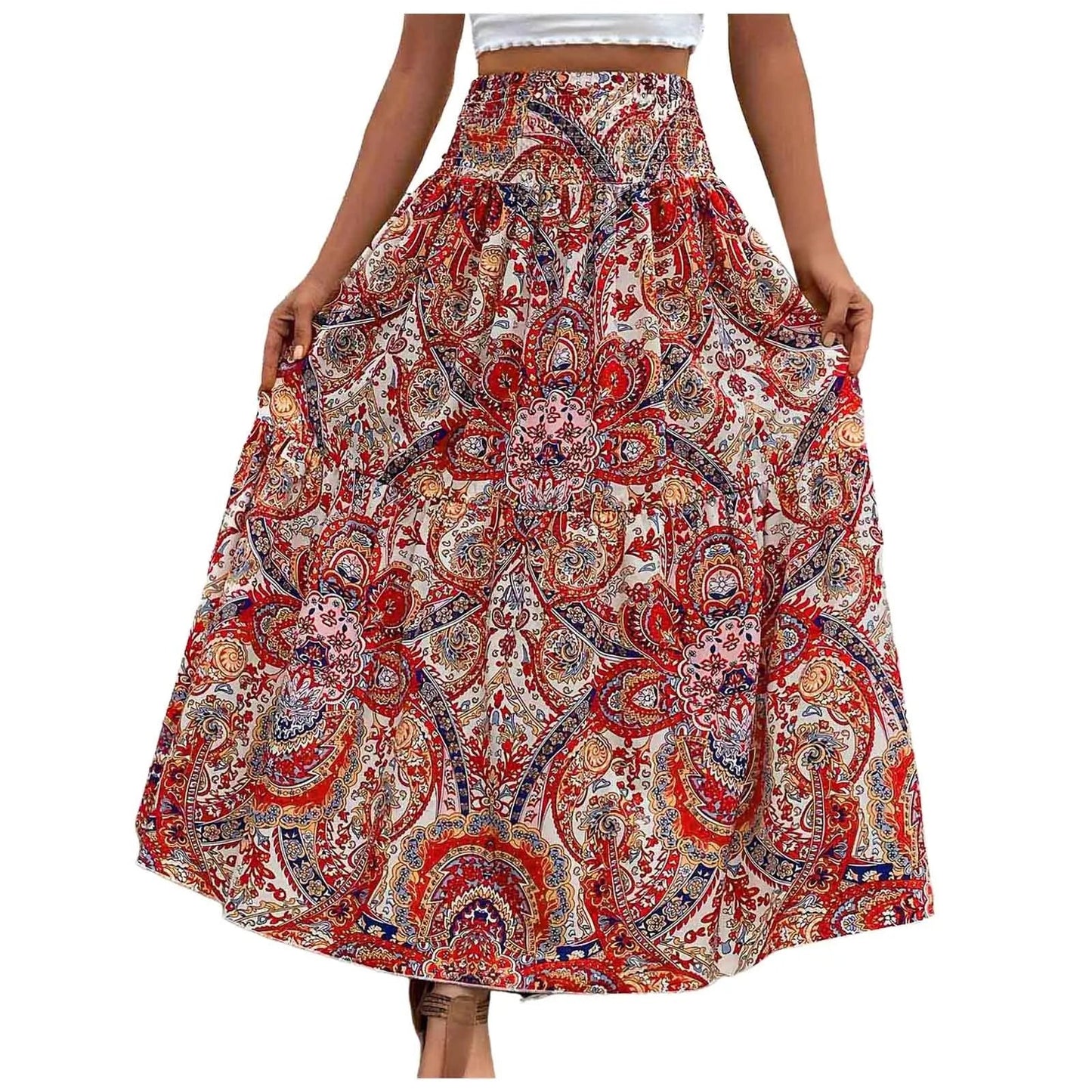 Vintage Boho Skirts For Women Summer Elastic Waist A-Line Faldas Bohemian Printed Flowy Skirt Beachside Swing Maxi Long Skirts