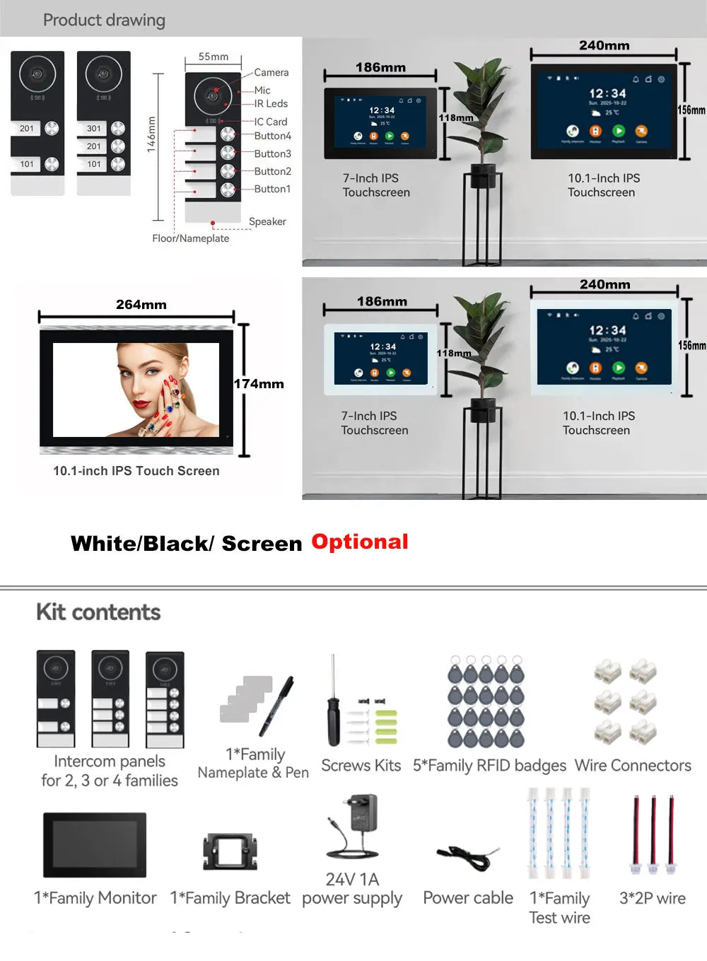 Tuya 7Inch Touch Monitor Video Wifi Intercom Smart Home Video 2 / 3 / 4 Family Apartment Doorbell System 1080P Wide Angle Camera