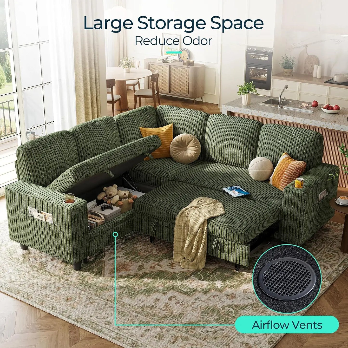 Sectional Couches for Living Room, 81" L Shape 5 Seats, Green | Sleeper sofa with pull out couch bed, corduroy, Customized
