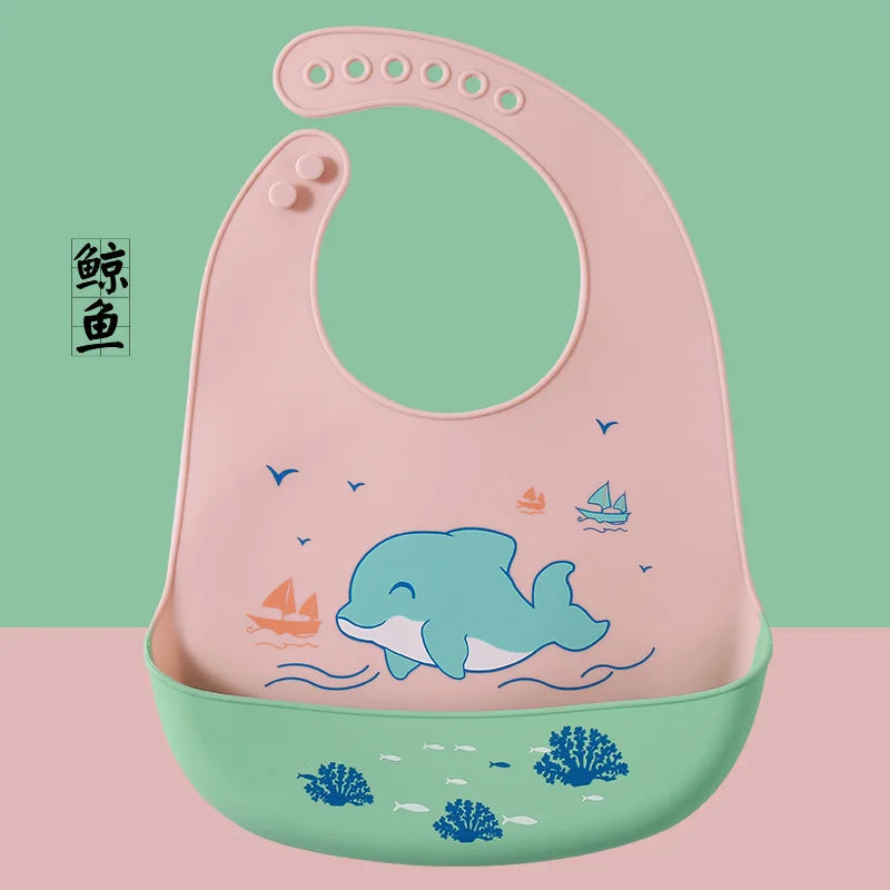 Cute Baby Bibs Waterproof Silicone Bib Infant Toddler Feeding Saliva Towel Cartoon Adjustable Children Apron with Pocket Scarf