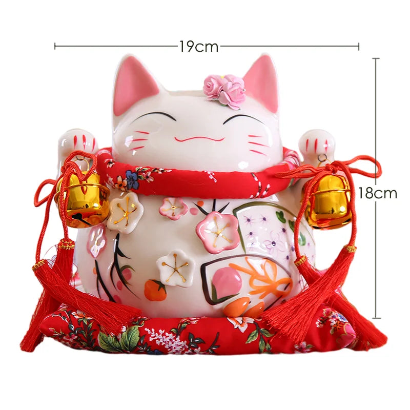 8 inch Japanese Maneki-Neko Ceramic Lucky Cat Fortune Cat Fengshui Statue Porcelain Money Box Home Decor Gift for Business