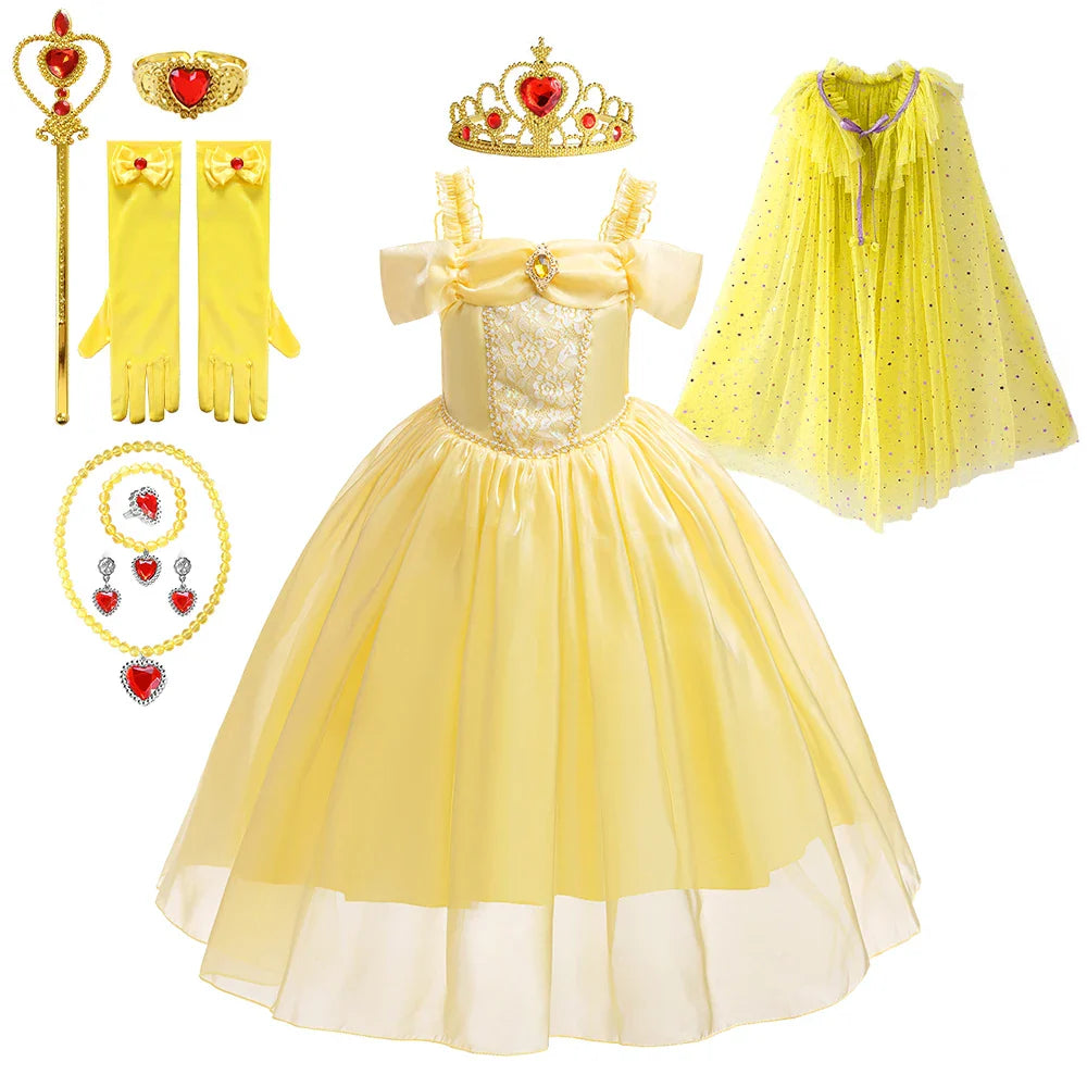 Halloween Girls Princess Belle Dress Up Evening Party Yellow Shoulderless Elegant Long Dresses Beauty Beast Fairy Costume Wig
