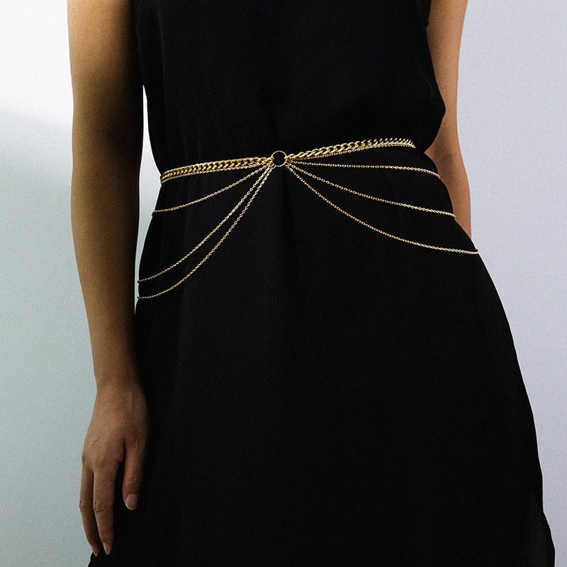 Fashion Round Brand Alloy Multi-Layer Exaggerated Body Chain 2023 New Women Queen Head Retro Street Snap Beam Party Waist Chain