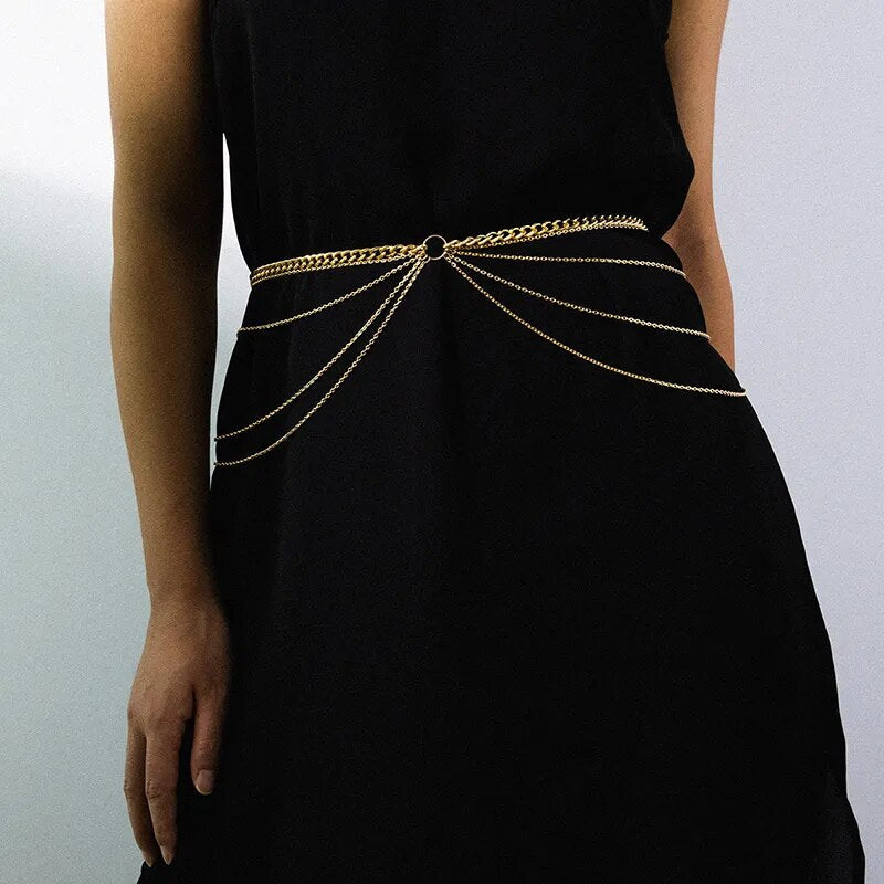 Fashion Round Brand Alloy Multi-Layer Exaggerated Body Chain 2023 New Women Queen Head Retro Street Snap Beam Party Waist Chain