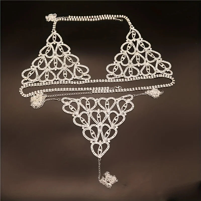 Bohemian rhinestone plaid chest chain and Thong jewelry underwear women's shoulder straps 2024 new bra sexy mesh body
