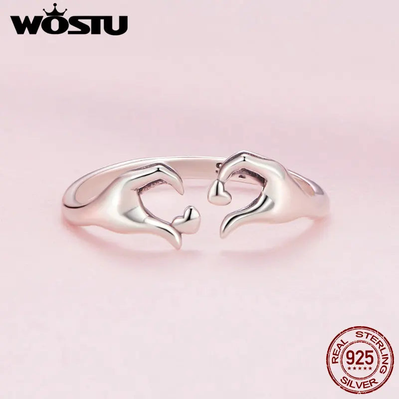 WOSTU Real 925 Sterling Silver Romantic Hand Heart Rings For Women Palm Love Couple Wedding Rings Valentine's Day Jewelry Gift