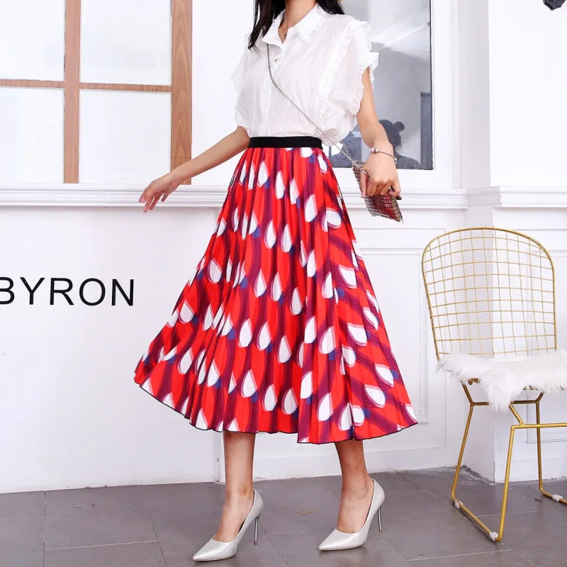 2023 Summer Women Cartoon Print Pleated Skirts A Line High Waisted Elastic Midi Long Skirt Ladies Party Korean Style Dresses