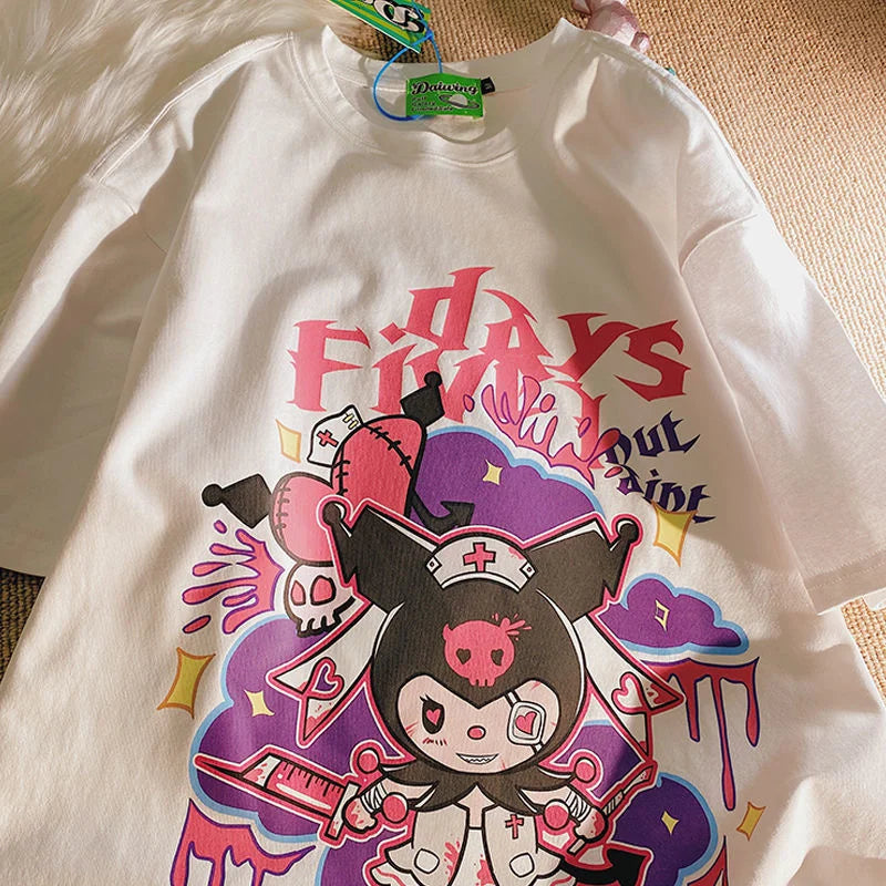 Sanrio Kuromi Summer 2023 Women's Clothes Japanese Fashion Y2k Short Sleeved White T-shirt Oversize Tops Young Girl Couples Tees