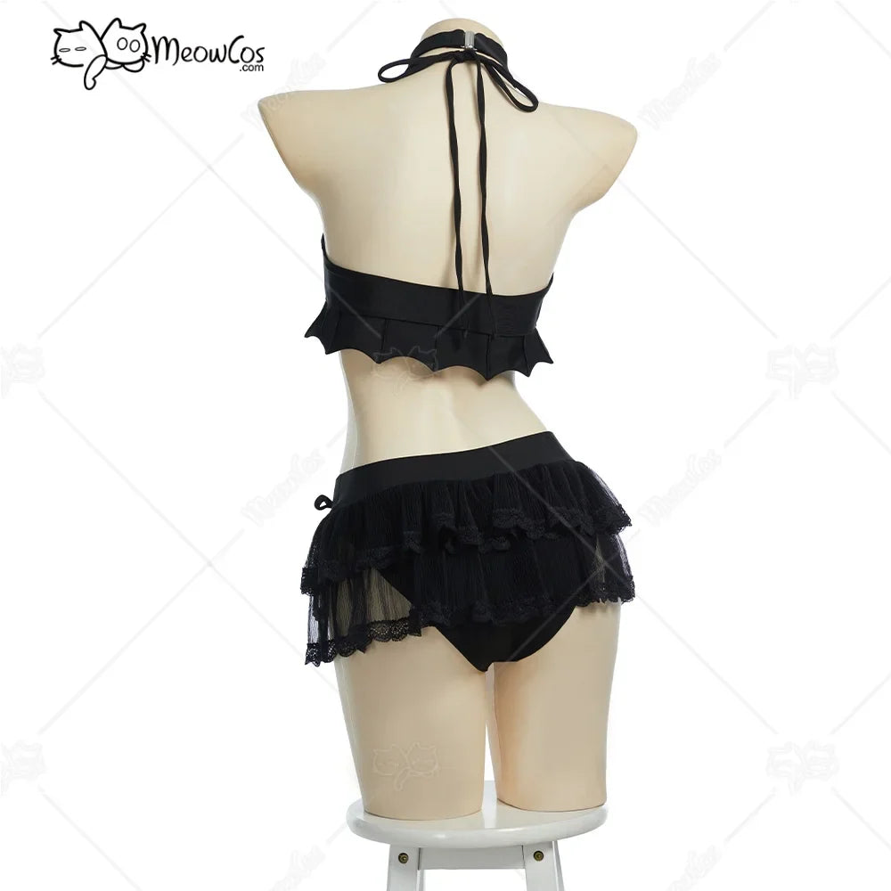 Meowcos Women‘s Midnight Meow Gothic Black Cat Bat Two-Piece Swimsuit Halter Top and Skirt Bathing Suit with Choker