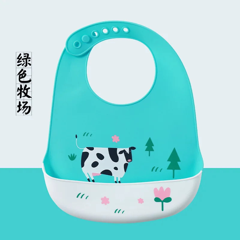 Cute Baby Bibs Waterproof Silicone Bib Infant Toddler Feeding Saliva Towel Cartoon Adjustable Children Apron with Pocket Scarf