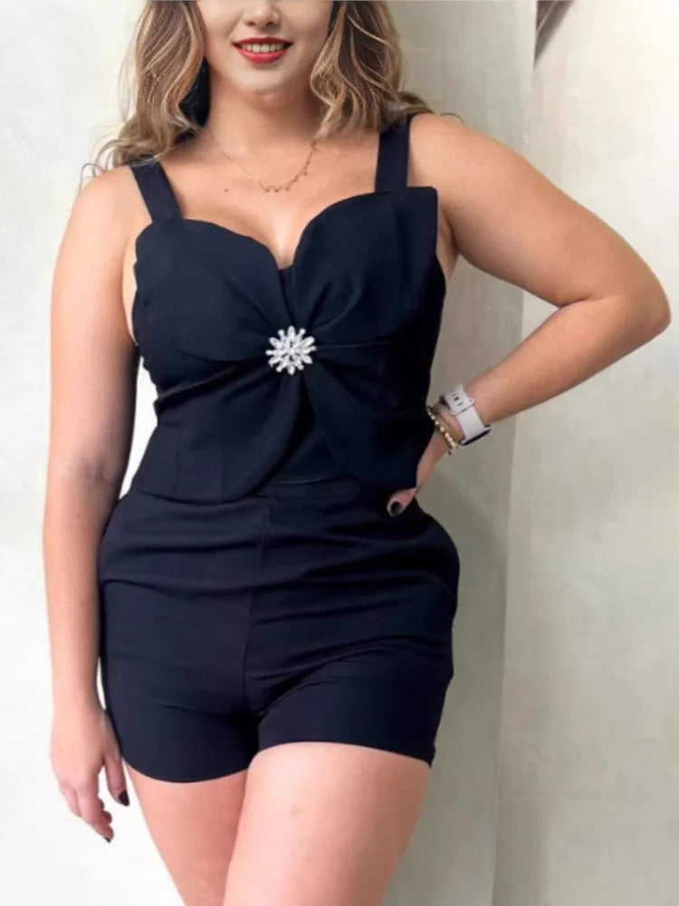 Women Fashion White Black Casual Sleeveless Tank Top Two Piece Sets Outfit Summer Sexy Backless Folds  Vest +pockets Shorts Set
