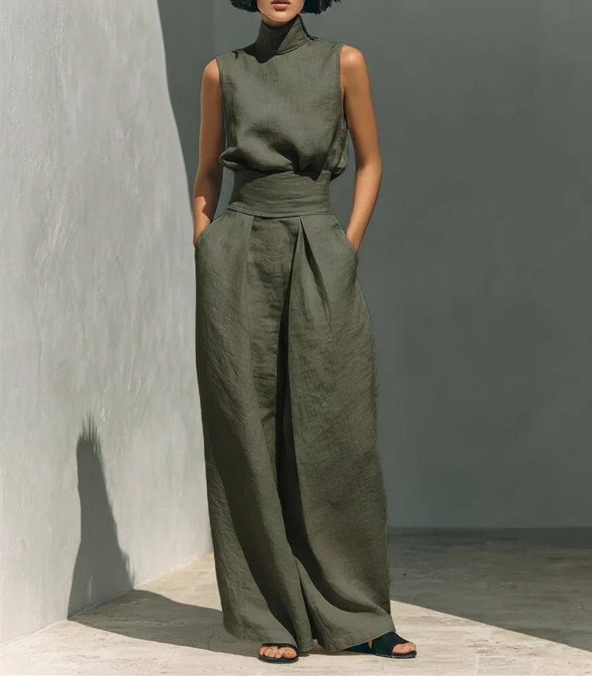 2026 Sleeveless Top+Wide Leg Pants Summer Casual Two-Piece Set Elegant And Loose Office Set High Street Pocket Women's Suits