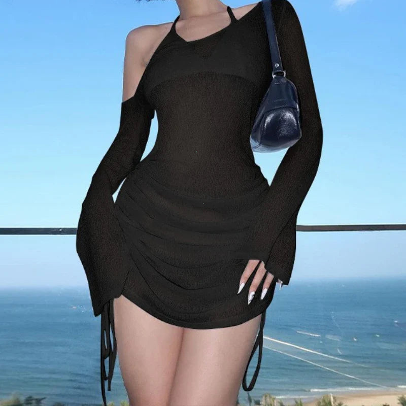 Dulzura Solid Skew Collar Ruched Straps Lace-Up See Through Draw String Mini Dress 2025 Summer  Women Party Clubwear Wholesale