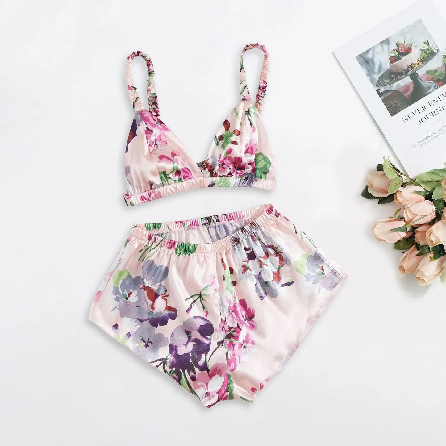Lingeries Sets Sexy Satin Silk Lingerie Sleepwear Flower Printing Underwear Women Set Sexy Lingeries For Woman Outfit Lenceria