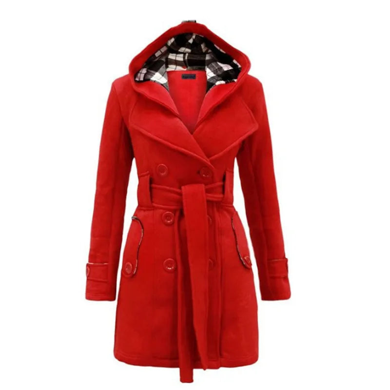 New Plaid Hooded Woolen Coat, Waist Belt Double Row Buttons, Mid-Length Outerwear.