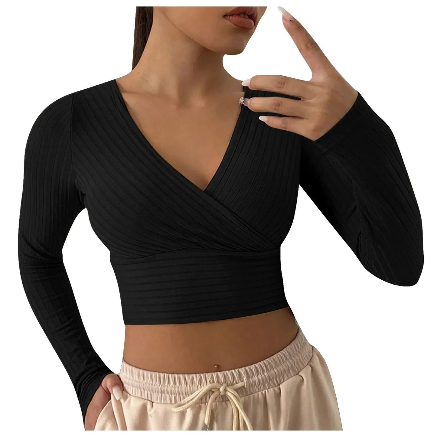 Sexy Cross Wrap V Neck Ribbed Knit T Shirt Women's Crop Tops Sexy Slim Fit Solid Spring Fall Long Sleeve Y2k Clothes Pink Tops