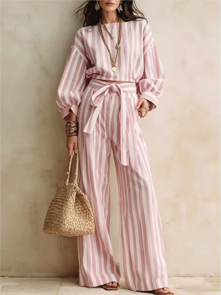 Women New Striped Long-sleeved Shirts Trousers 2piece Set Fashion Casual Ultra-short Top Waisted Lace-up Loose Wide-leg Long Set