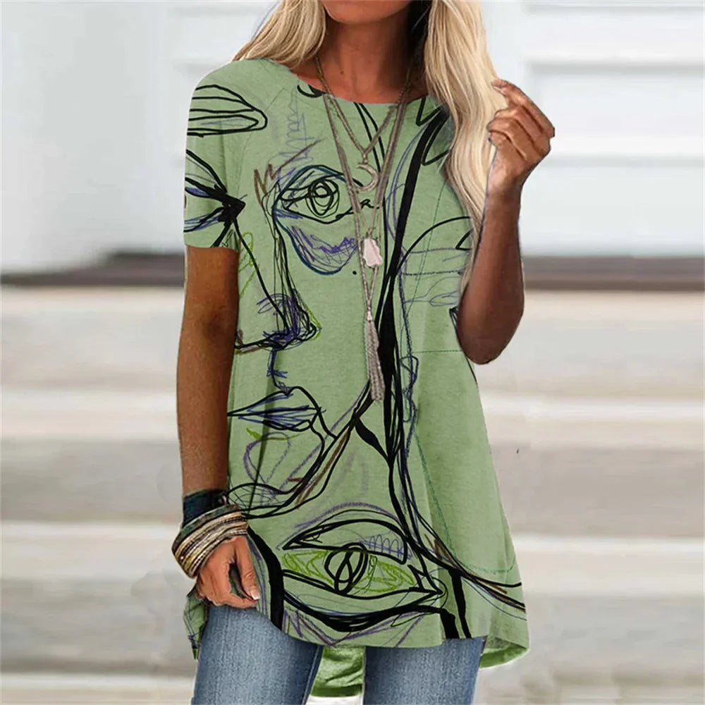 Abstract Face Graphic 3D Print T-shirt Summer Streetwear Retro Women Short Sleeve T Shirts Y2K Tops Woman Tee Oversized Clothing