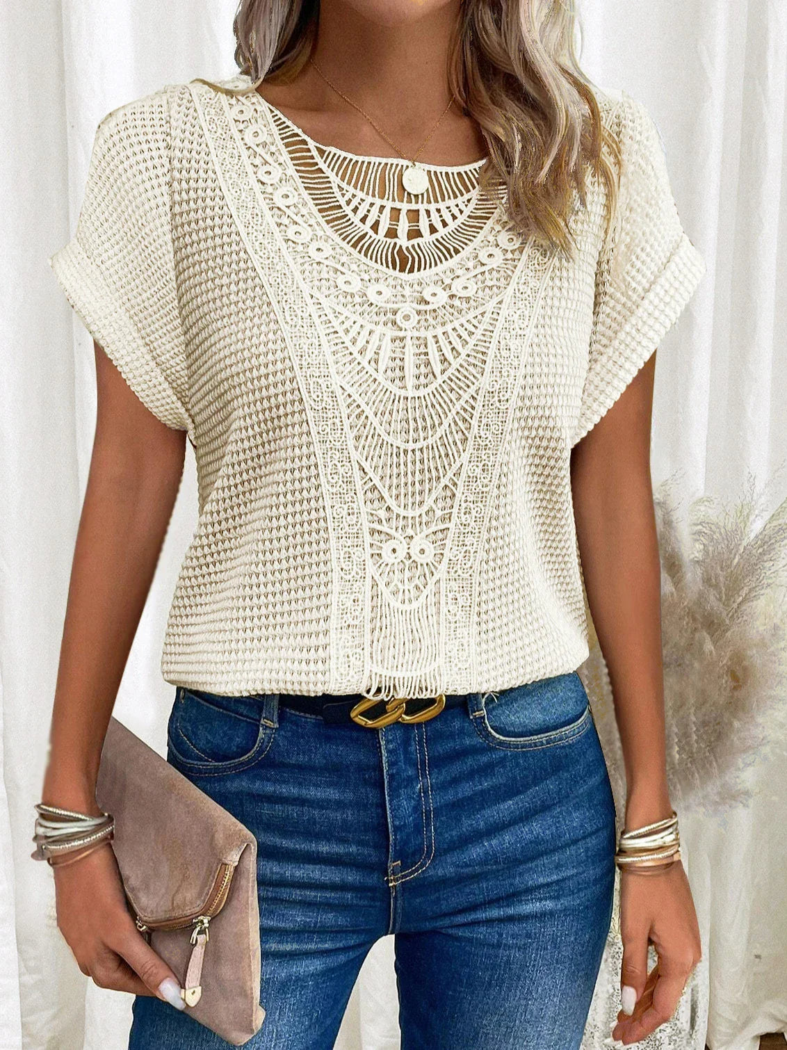 Fashion Lace Stitching T-shirt For Women's Tops Summer Casual Round Neck Office Ladies Clothes Short-sleeved Loose Tees Women