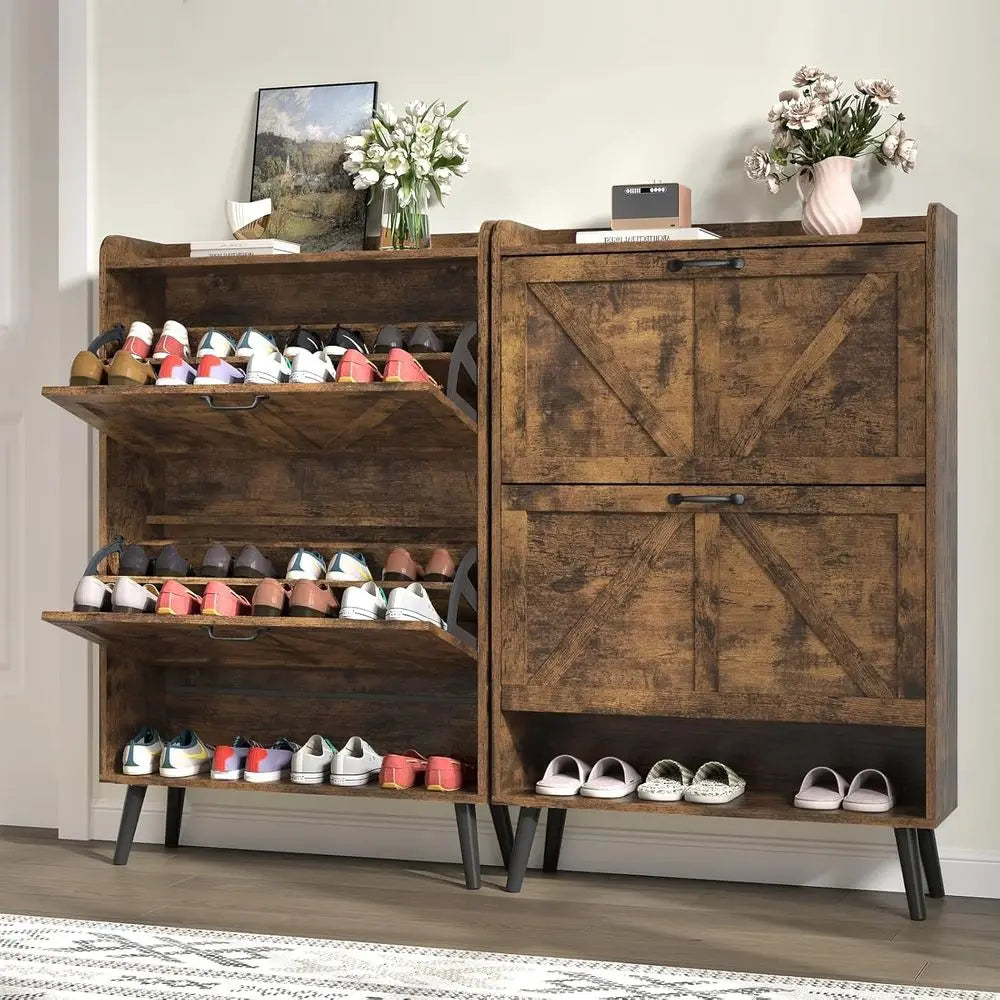 Rustic Brown Slim Shoe Cabinet with 2 Flip Drawers and Wooden Legs for Entryway Storage