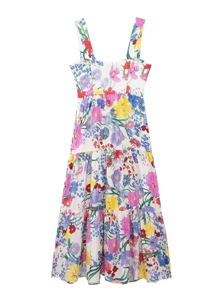 Fashion Flower Slip Midi Dress For Women Summer Backless Sleeveless Holiday Beach Dress Lady Elegant Sweetheart Collar Partywear