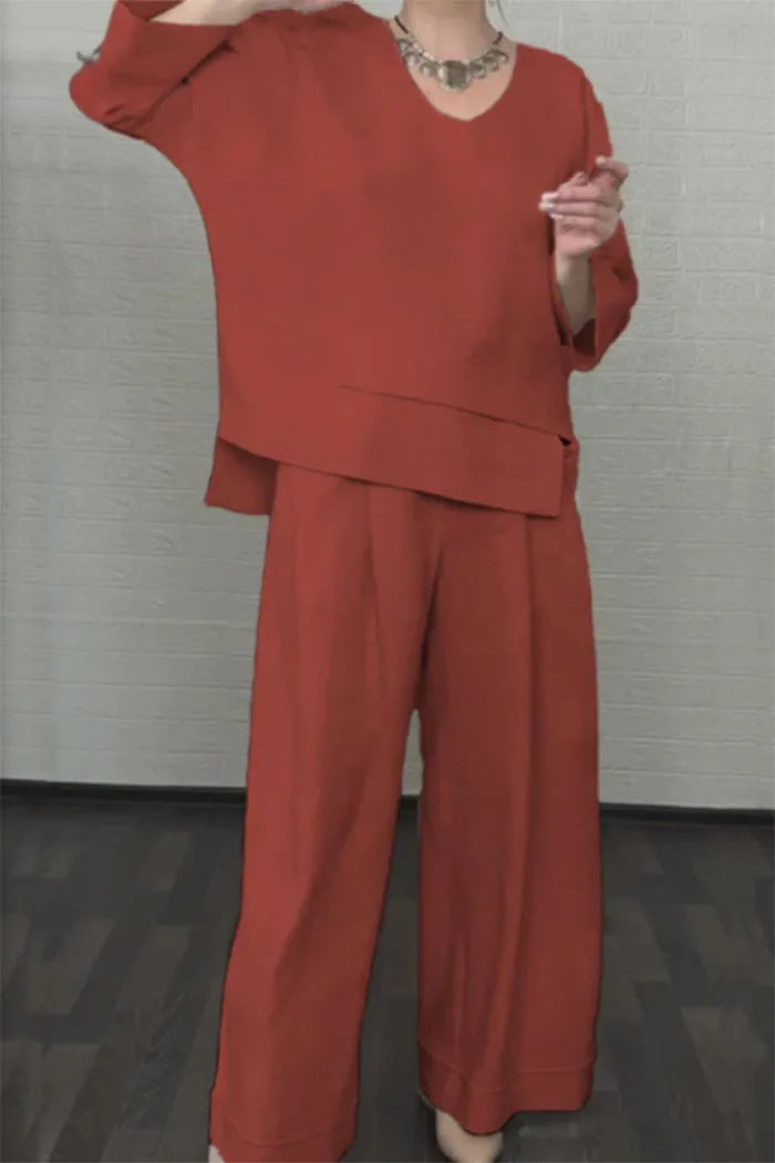 Casual Loose Irregular Cotton Linen Women's Top Set Spring Summer New Fashion Pocket Wide-leg Pants For Women Office 2-piece Set
