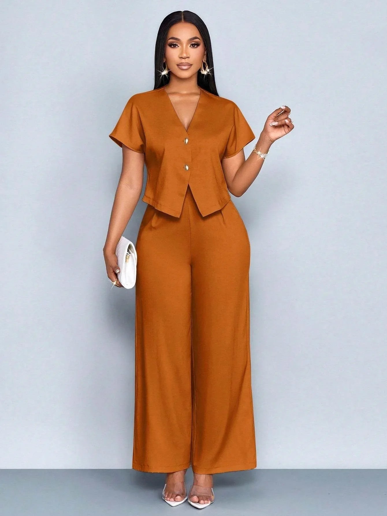 Summer Elegant 2 Piece Suit For Women V Neck Short Sleeve Blouse Top High Waist Wide Leg Pants Set Casual Business Office Outfit